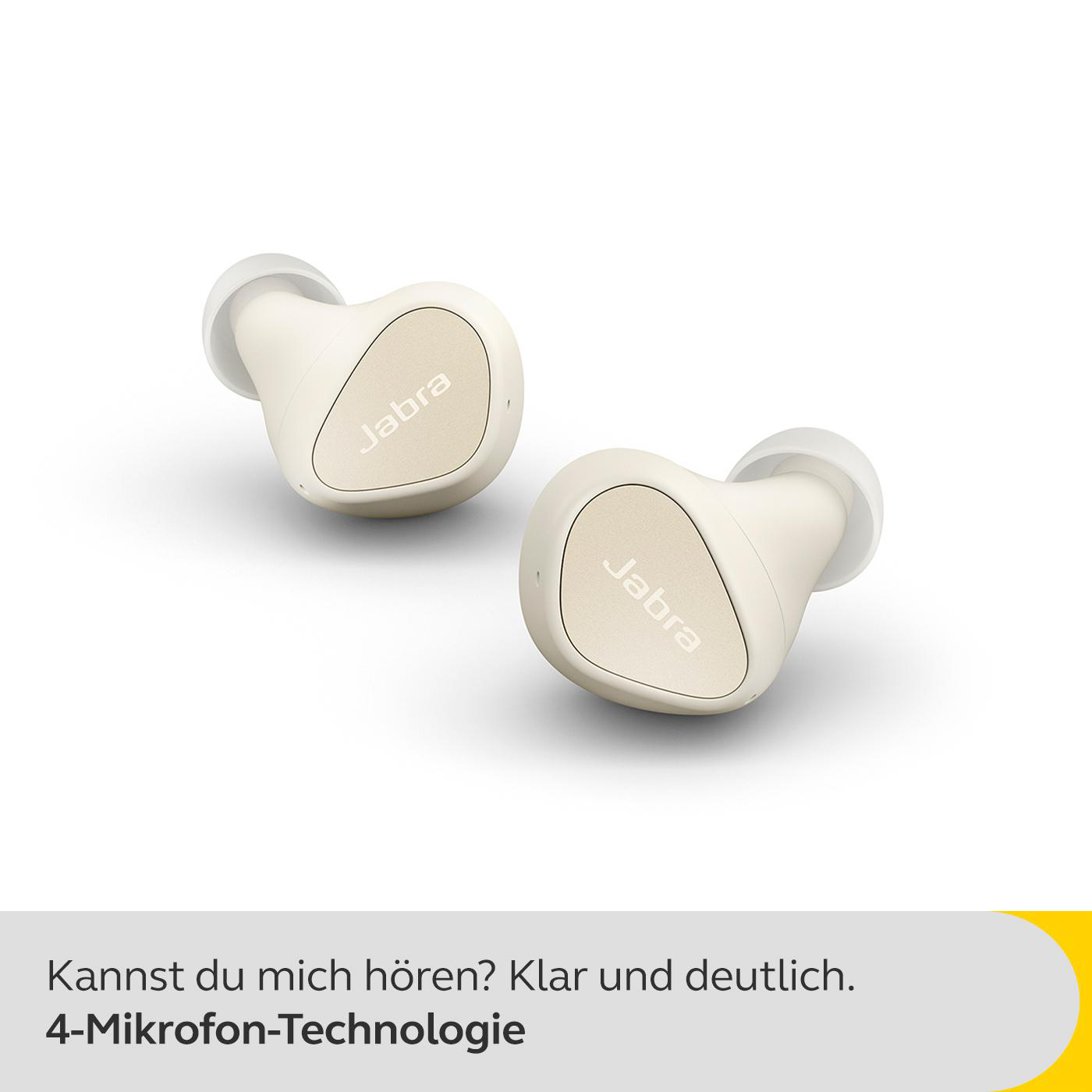 Zwei beige Jabra-Ohrhörer auf weißem Hintergrund. Text unten.