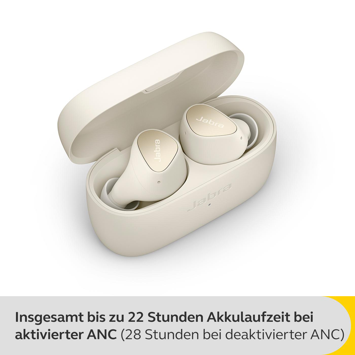 Beige Ohrhörer in einem offenen Etui mit dem Jabra-Logo.