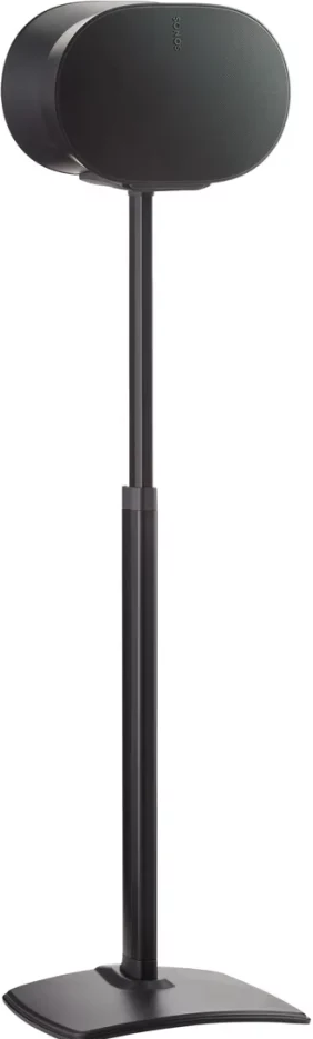 Support d'enceinte noir avec une enceinte ronde sur le dessus.