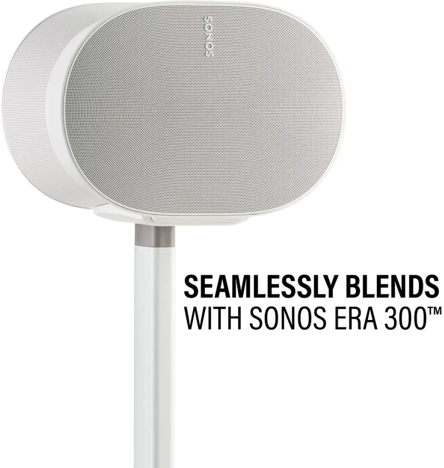 Weißes Lautsprechersystem auf Ständer, Text: 'SEAMLESSLY BLENDS WITH SONOS ERA 300'.