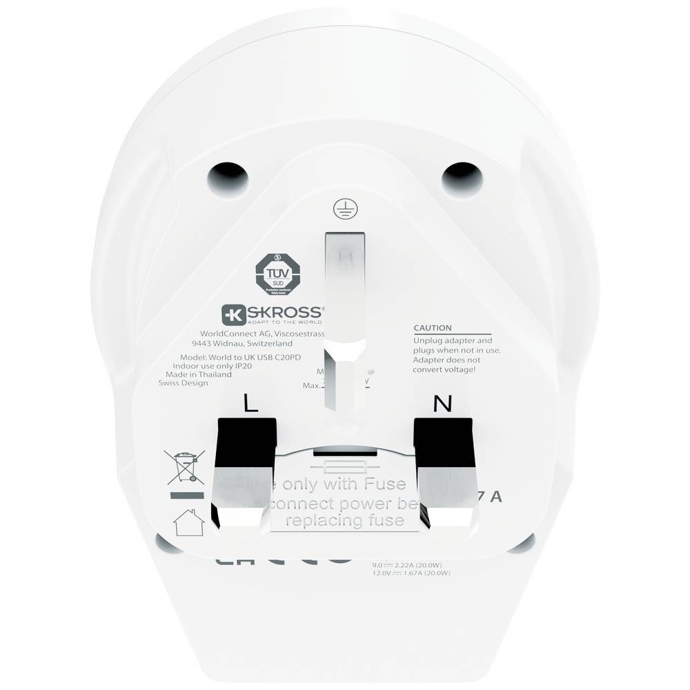 Adattatore da viaggio SKROSS bianco che mostra i pin elettrici e la presa di corrente.