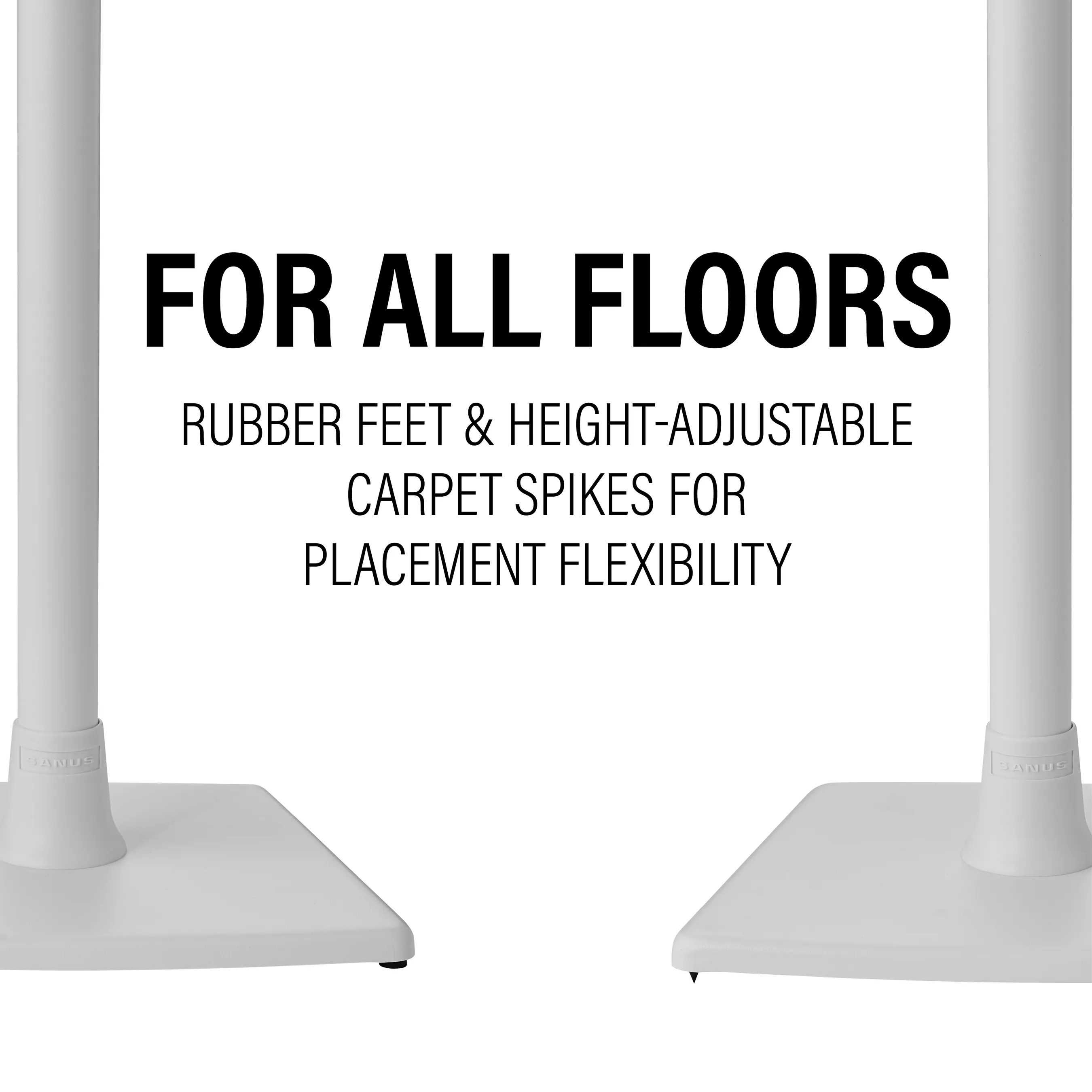 Zwei weiße Lautsprecherständer mit Text: 'FOR ALL FLOORS' und Funktionsbeschreibung.