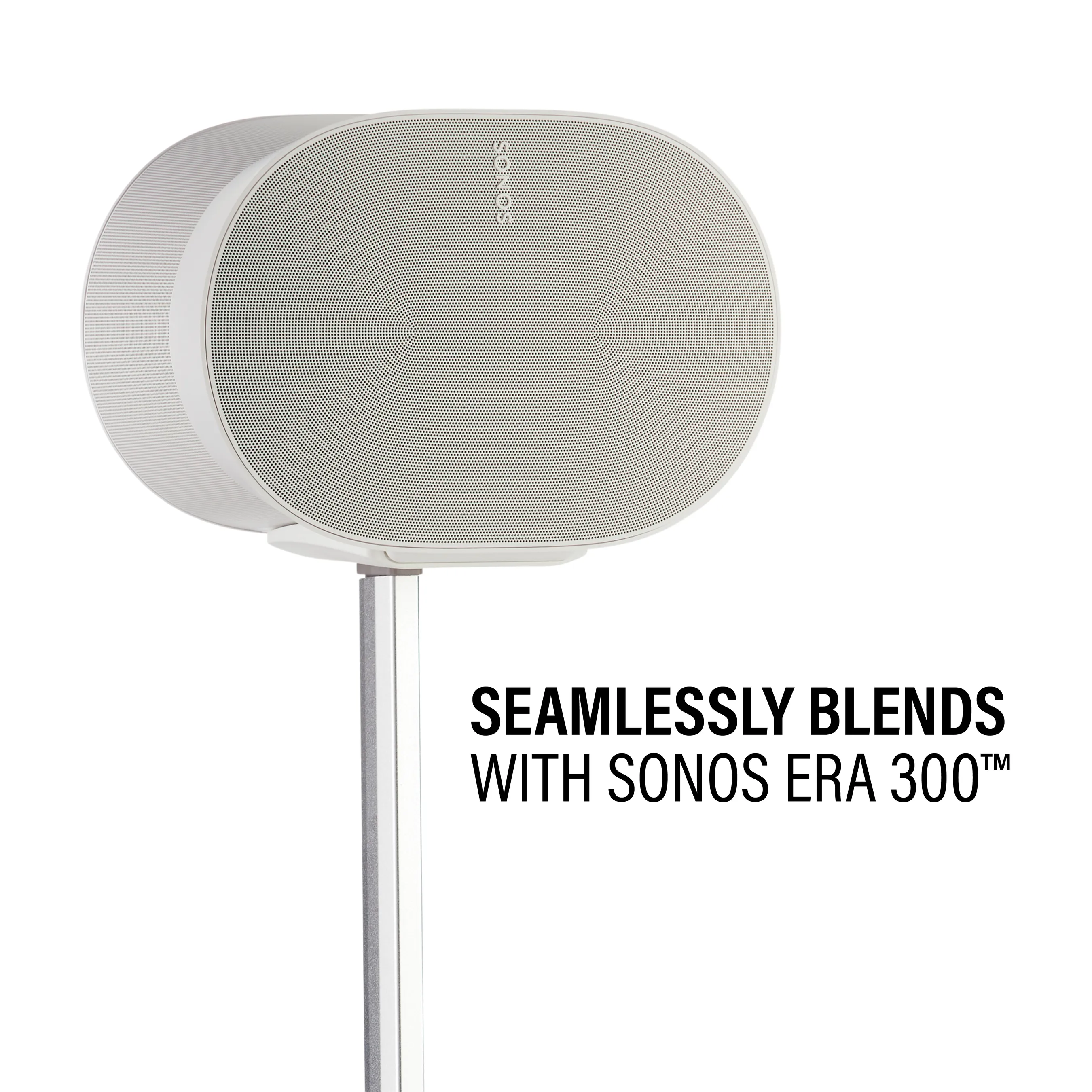 Ein weißer Sonos Lautsprecher auf einem Ständer mit Text.