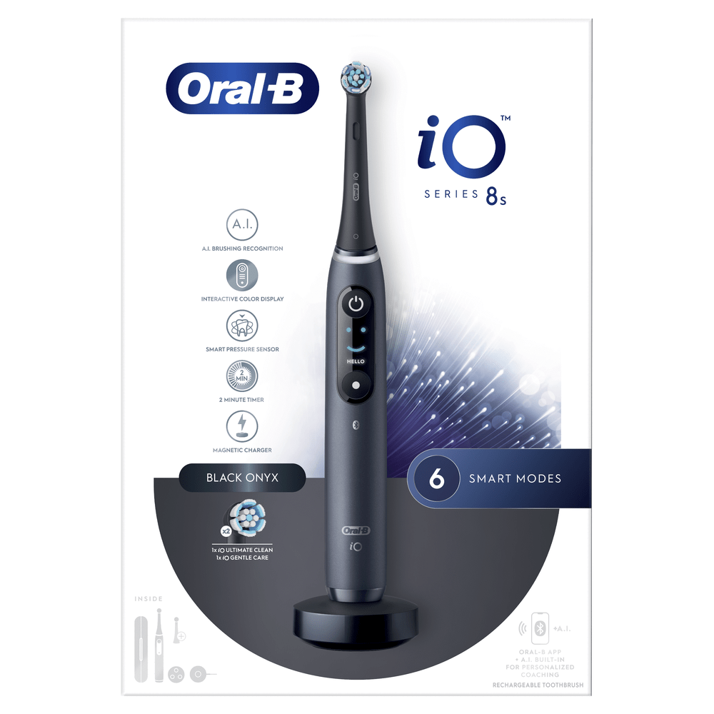 Cepillo de dientes eléctrico Oral-B negro en cargador, con infografía. Muestra modos, cabezal y características.