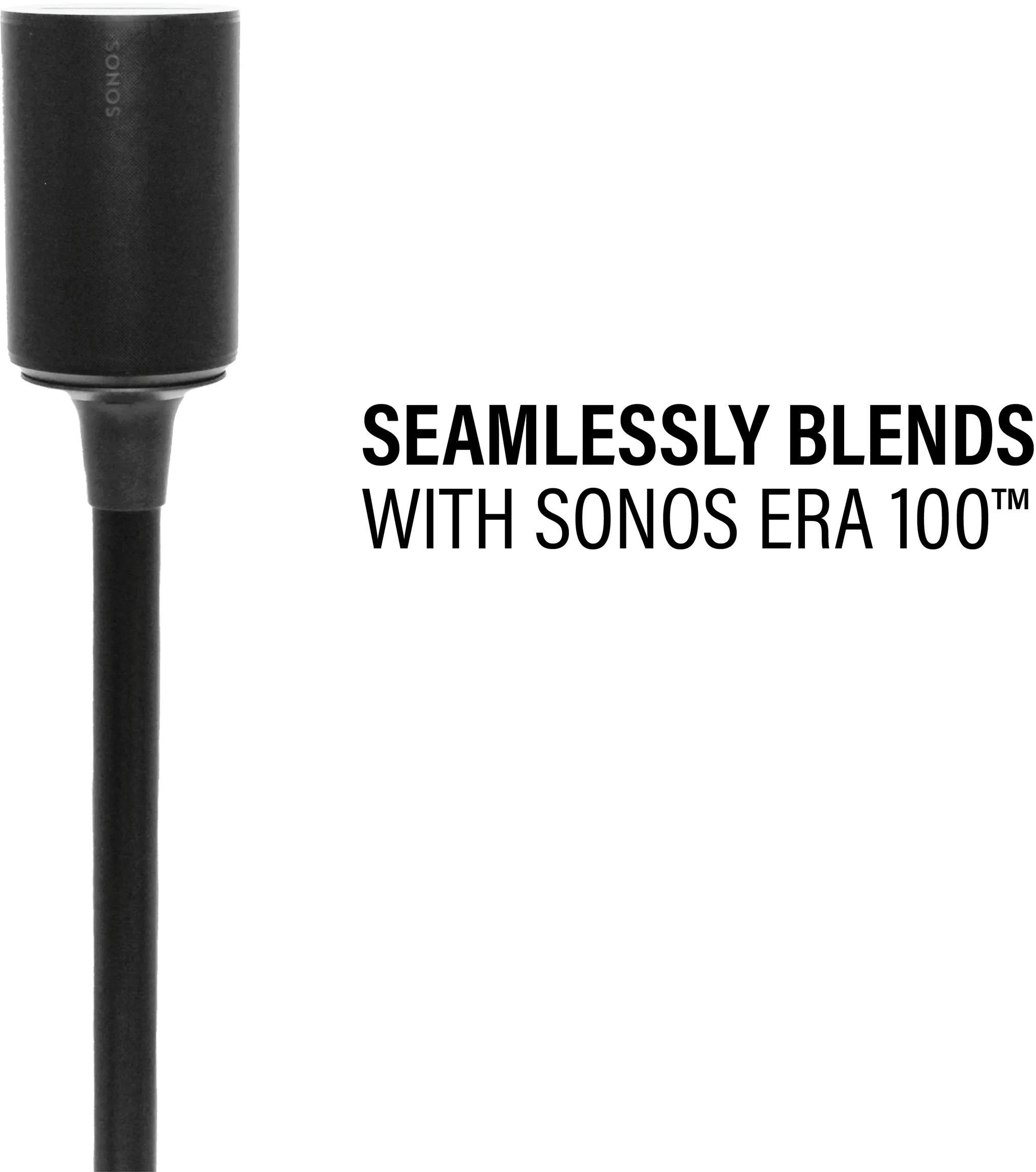 Schwarzes Sonos-Lautsprecherkabel und -Anschluss, Text: 'SEAMLESSLY BLENDS WITH SONOS ERA 100'.