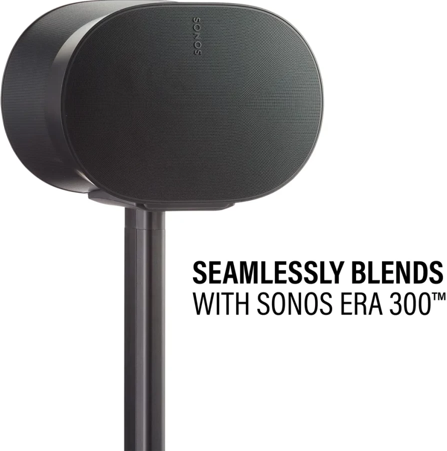 Schwarzer Sonos-Lautsprecher auf Ständer, mit dem Text 'SEAMLESSLY BLENDS WITH SONOS ERA 300™'.