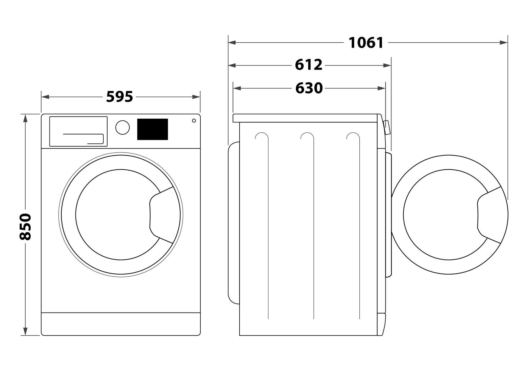 Diagramm einer Waschmaschine aus verschiedenen Ansichten, mit Maßen in Millimetern.