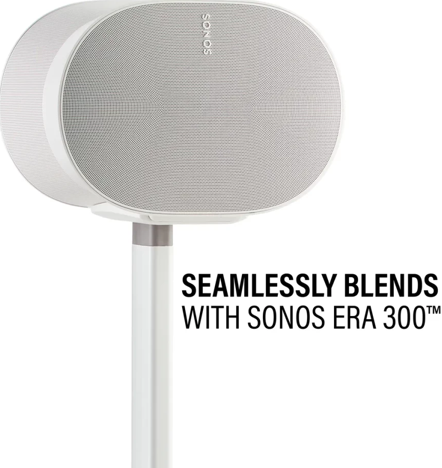 Enceinte Sonos blanche sur un pied blanc, avec texte : S'intègre parfaitement avec Sonos Era 300.