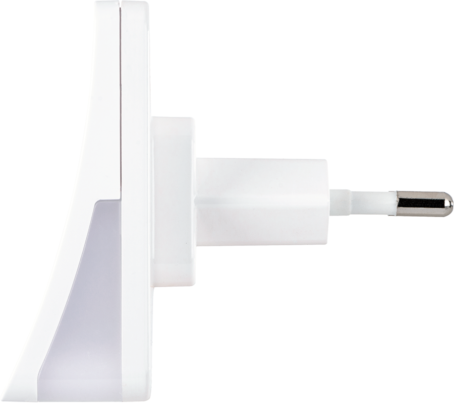 White electrical plug. The plug has two prongs and a light indicator.