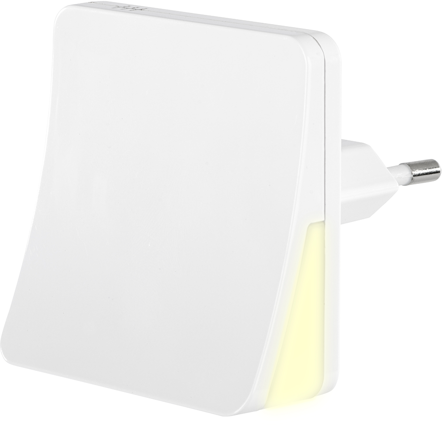 White smart plug with a power outlet and a small light illuminated.
