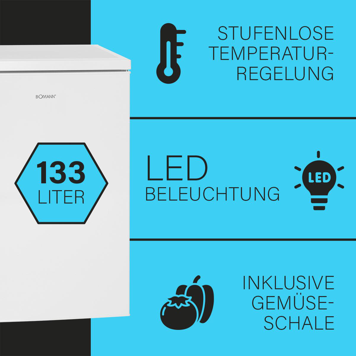 Weißer Kühlschrank mit Text und Symbolen, die Funktionen auf blauem Grund anzeigen.