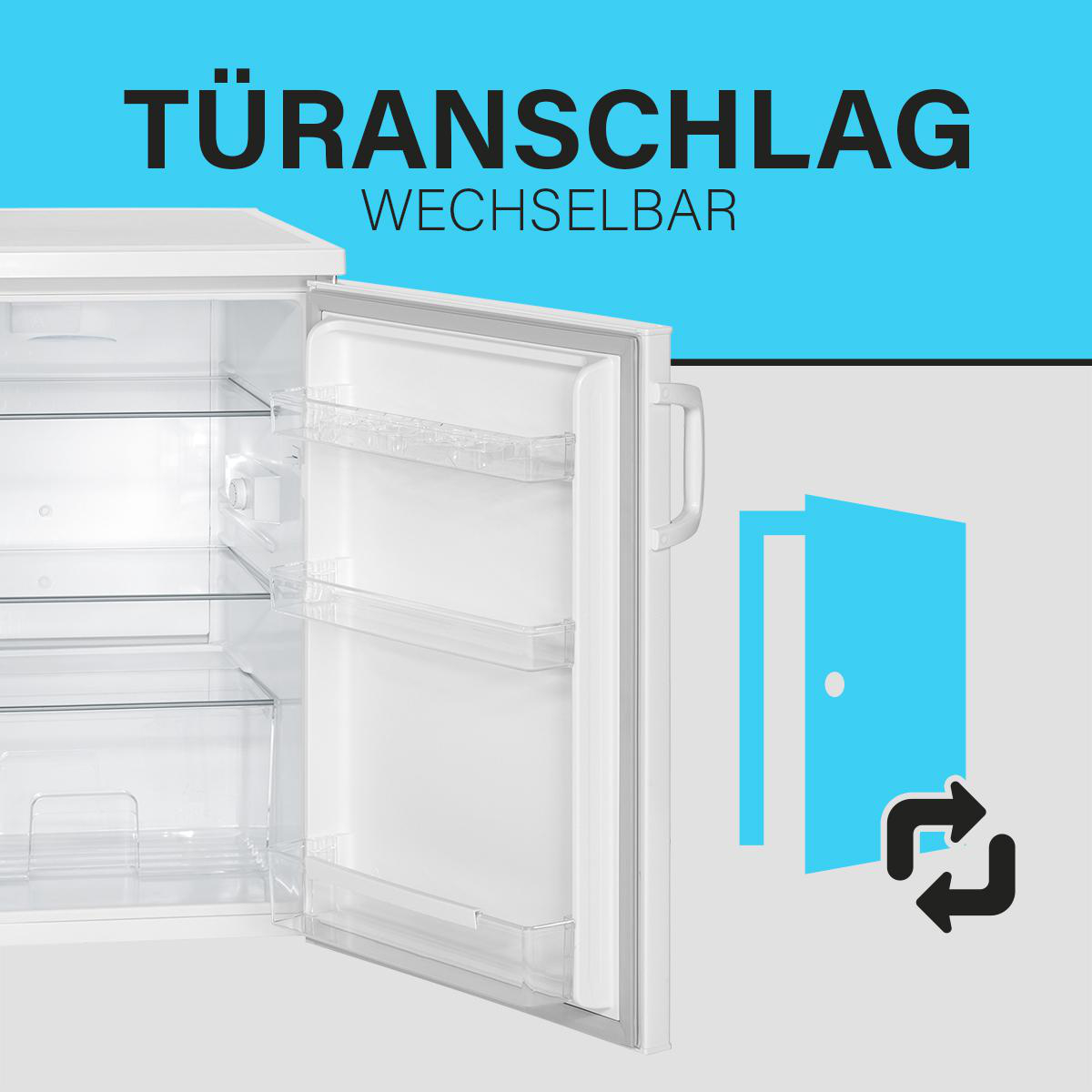 Ein Kühlschrank mit offener Tür. Text: TÜRANSCHLAG WECHSELBAR. Eine blaue Türenillustration ist gezeigt.