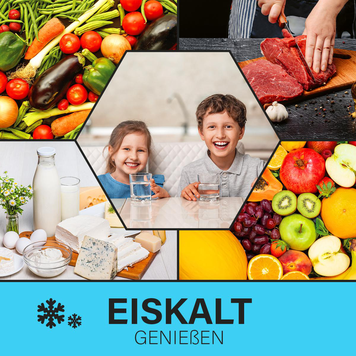 Eine Collage mit Lebensmitteln, darunter Gemüse, Obst und Milchprodukte. Zwei Kinder lächeln und halten Wassergläser.