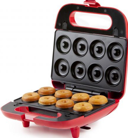 Red donut maker with eight golden donuts inside, and an open lid.