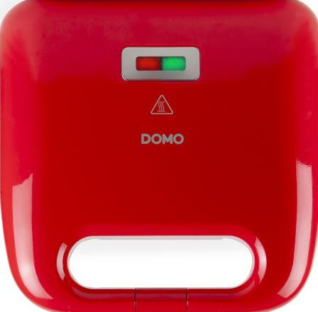 Red sandwich maker, closed with indicator lights on top. DOMO label.