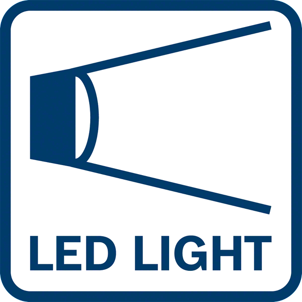 Kék négyzet ikon LED-es fény grafikával és szöveggel.