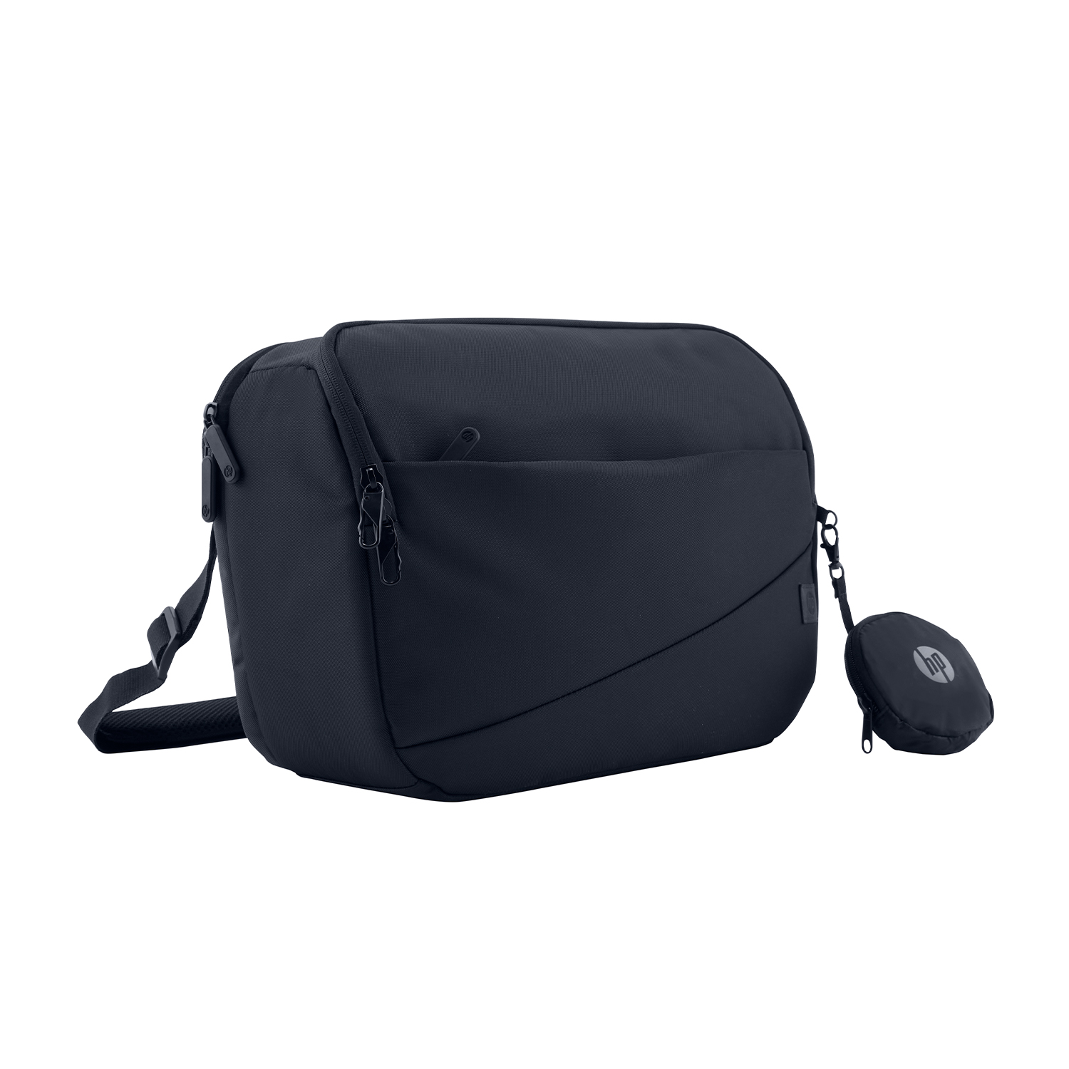 Borsa a tracolla blu navy con una piccola pochette abbinata. La borsa ha una cerniera e una tracolla.