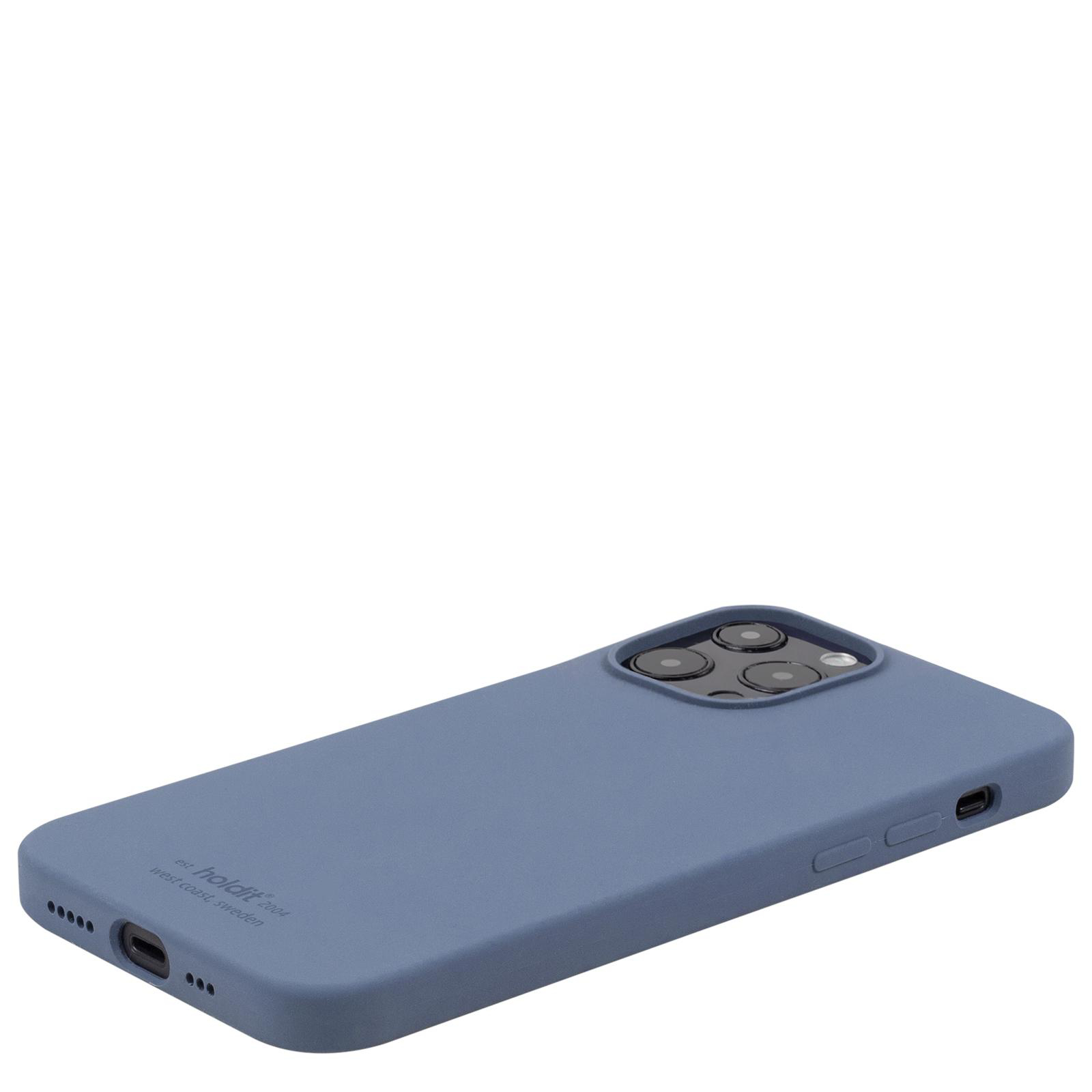Eine blaue Handyhülle auf einer weißen Oberfläche. Die Hülle ist für ein Telefon und hat mehrere Kameraöffnungen.