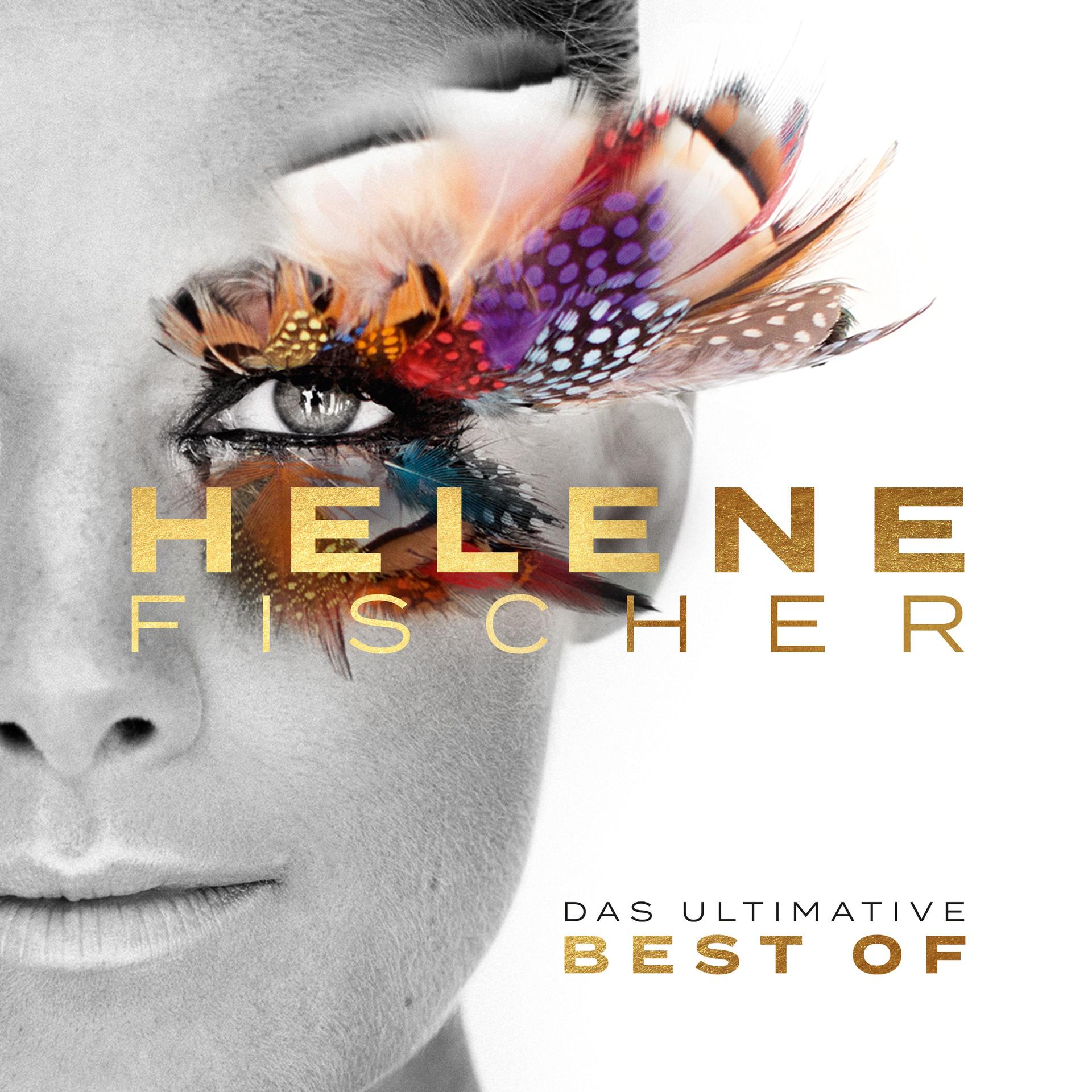 Schwarz-Weiß-Bild einer Frau mit gefiedertem Augen-Make-up. Text: Helene Fischer.