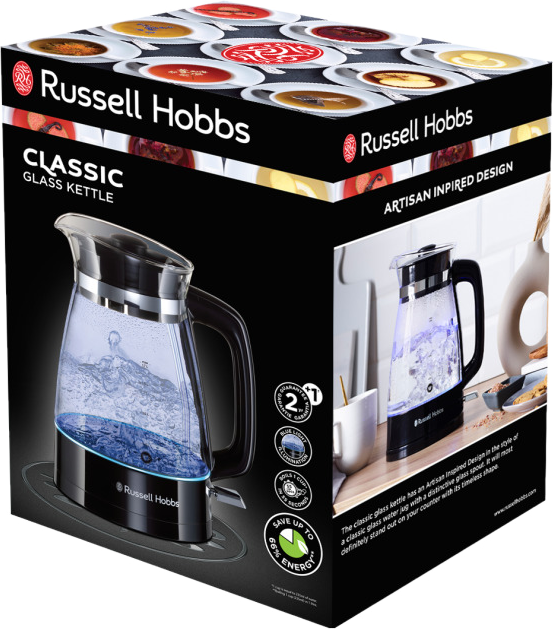 Verpackter Glaskessel mit Wasser. Die Verpackung zeigt den Kessel mit Dampf.