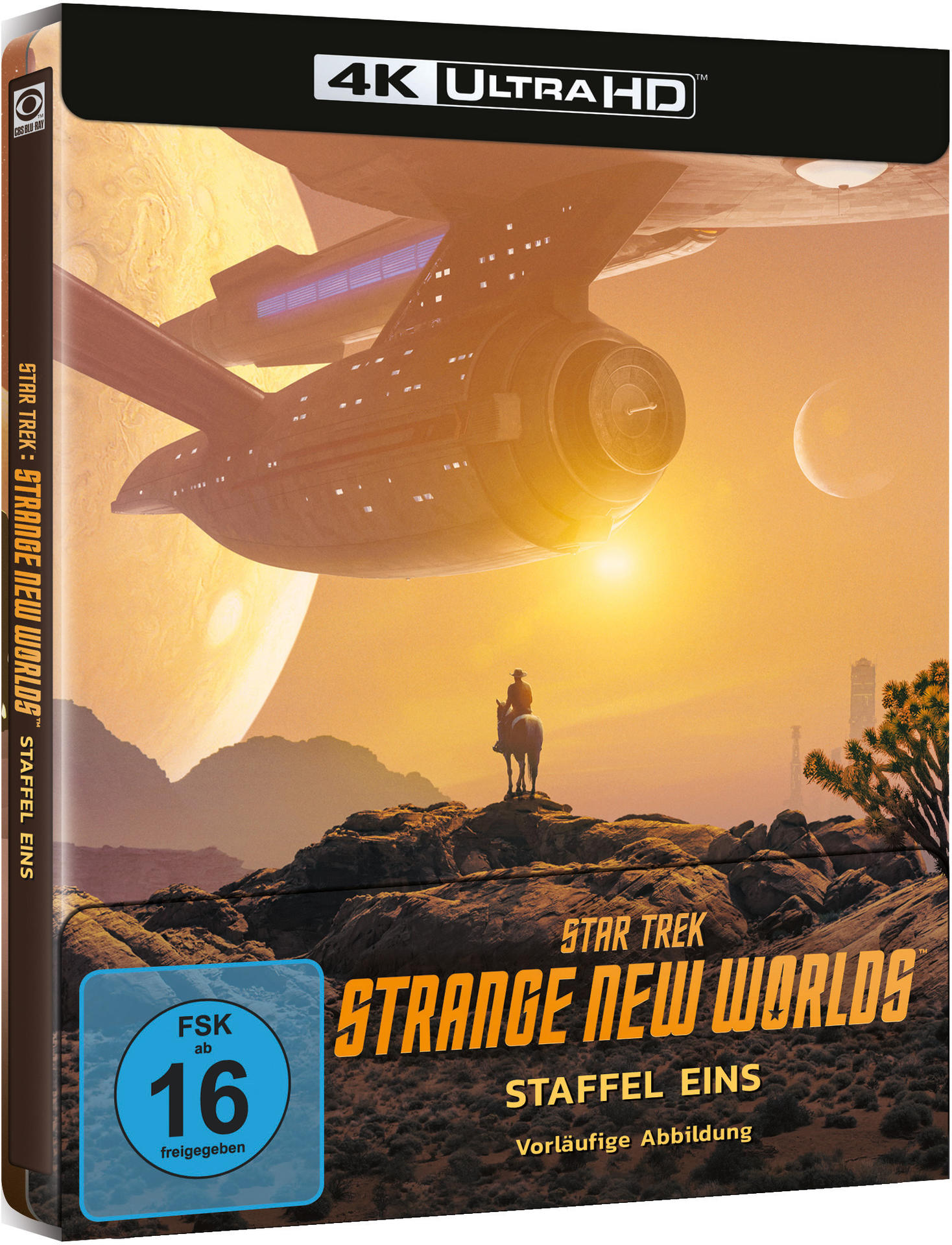 DVD-Hülle von 'Star Trek: Strange New Worlds' mit Raumschiff und Cowboy in der Wüste.
