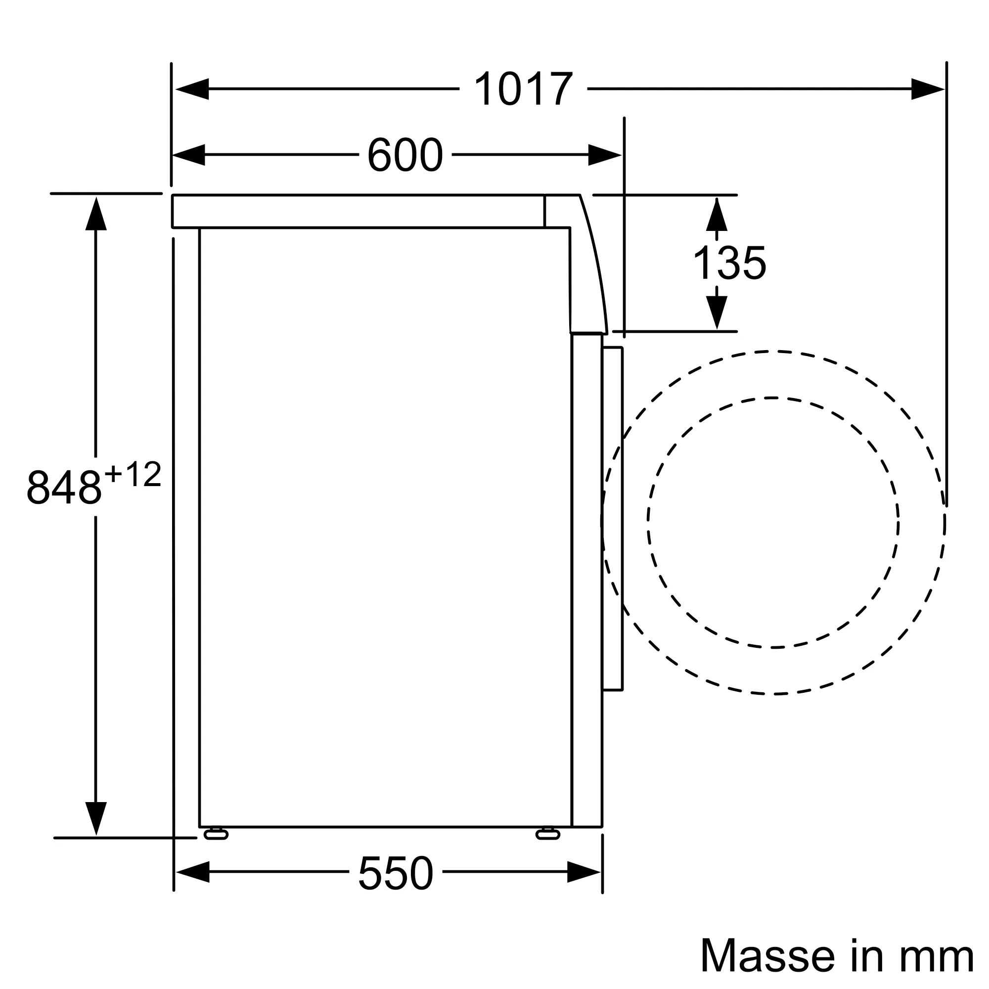 Diagramme de vue latérale d'un réfrigérateur avec des dimensions en millimètres.