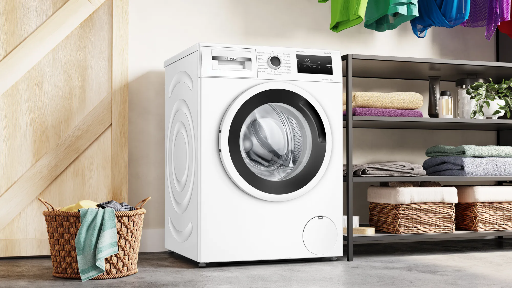 Lave-linge Bosch blanc près d'un panier à linge et d'une étagère avec des serviettes. Scène d'intérieur, couleurs neutres.