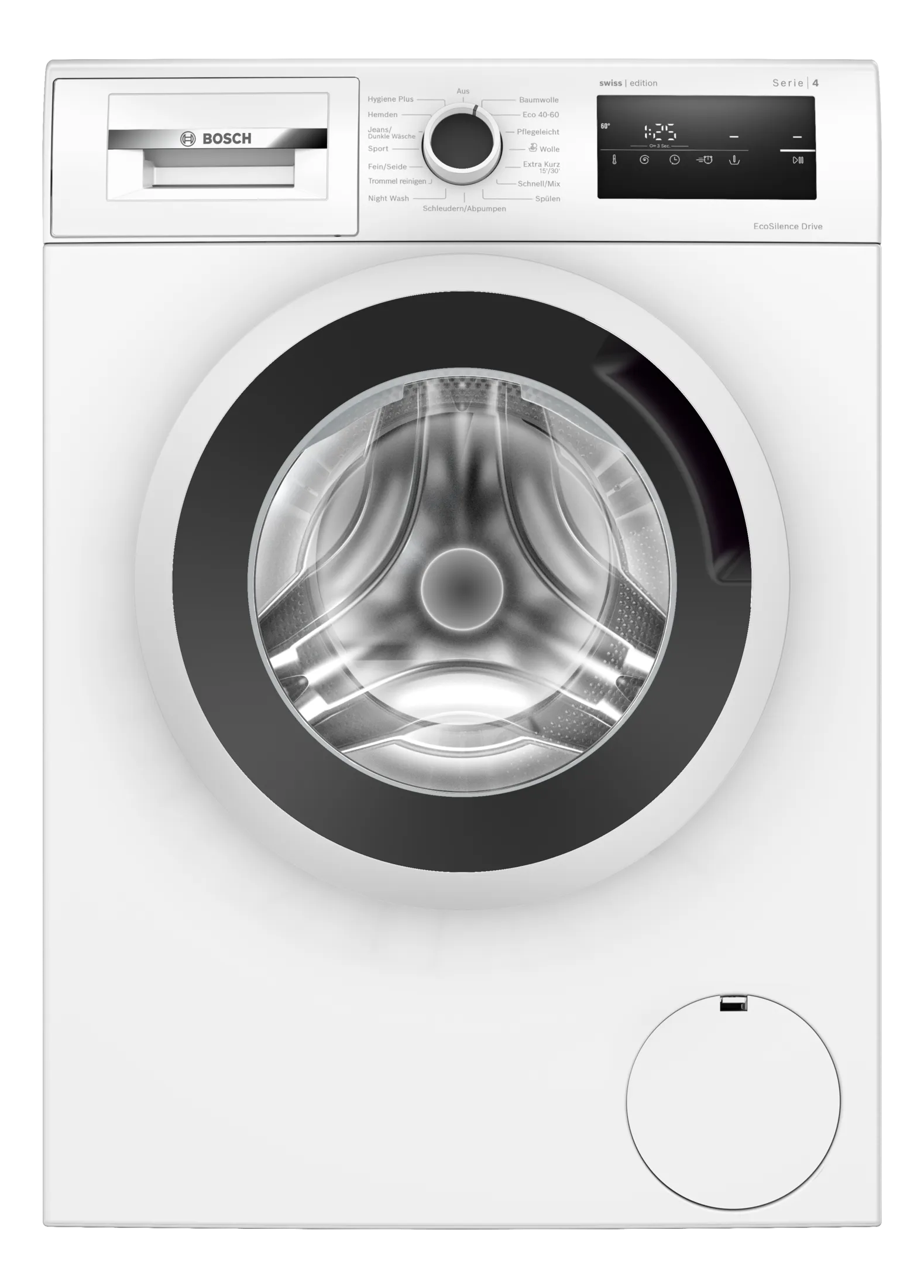 Un lave-linge Bosch blanc avec une porte noire et un affichage numérique.