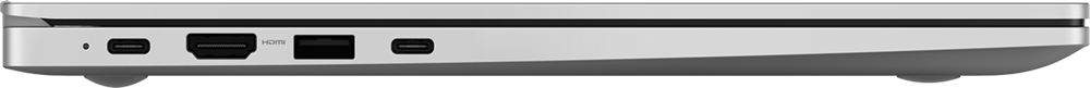 Vue latérale d'un ordinateur portable argenté. Les ports visibles incluent USB-C, HDMI et un autre USB-C. L'ordinateur a une base arrondie.