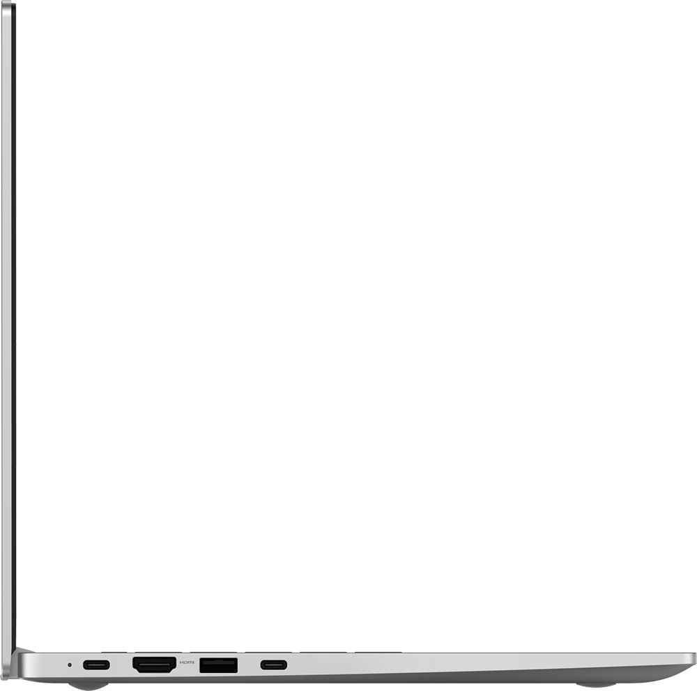 Vue latérale d'un ordinateur portable argenté. Ports visibles : USB-C, HDMI et chargement. L'écran est fermé, montrant le bord.