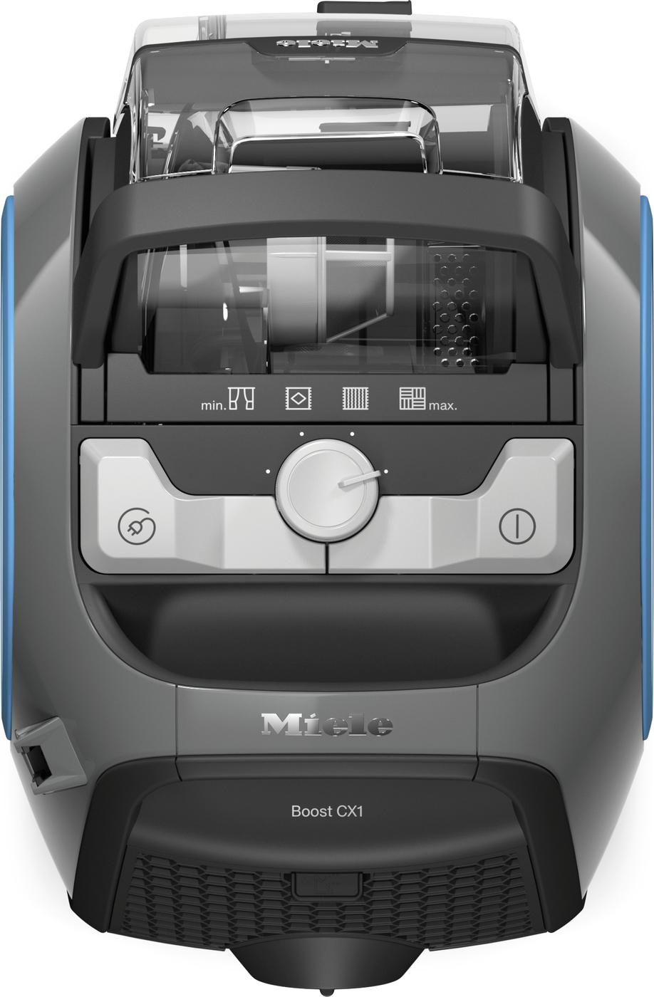 Miele Boost CX1 Staubsauger, Draufsicht, mit Bedienelementen und Griff.