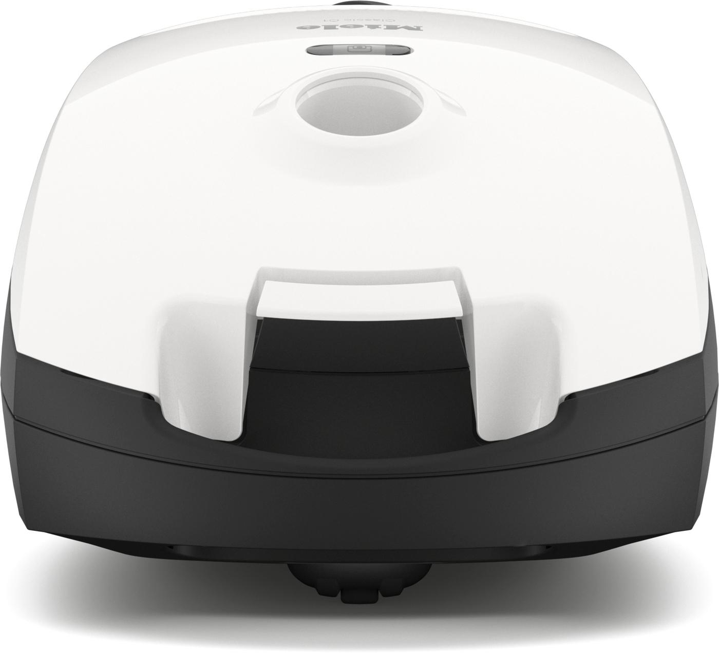 Weißer und schwarzer Roboter-Staubsauger, Nahaufnahme, mit Griff. Der Hintergrund ist weiß.