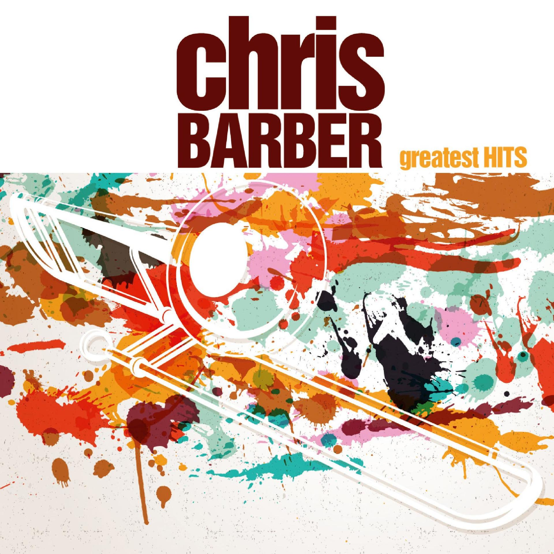 Albumcover für Chris Barber. Enthält eine Posaune und farbenfrohe Farbspritzer auf weißem Grund.