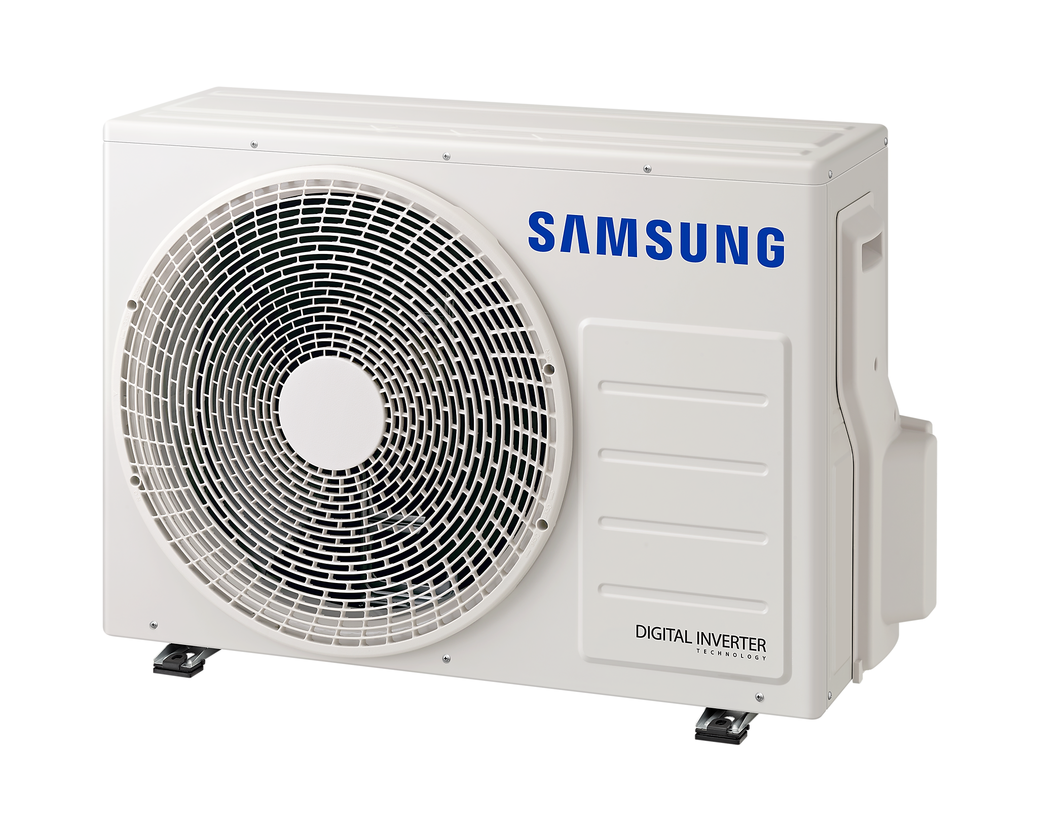 Samsung klima ünitesi. Büyük bir fan ve Samsung logosu ile beyaz.