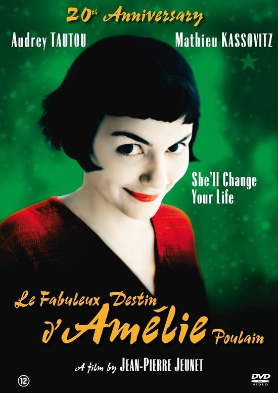 Amelie filmposter. Audrey Tautou glimlacht. Tekst in het Frans.