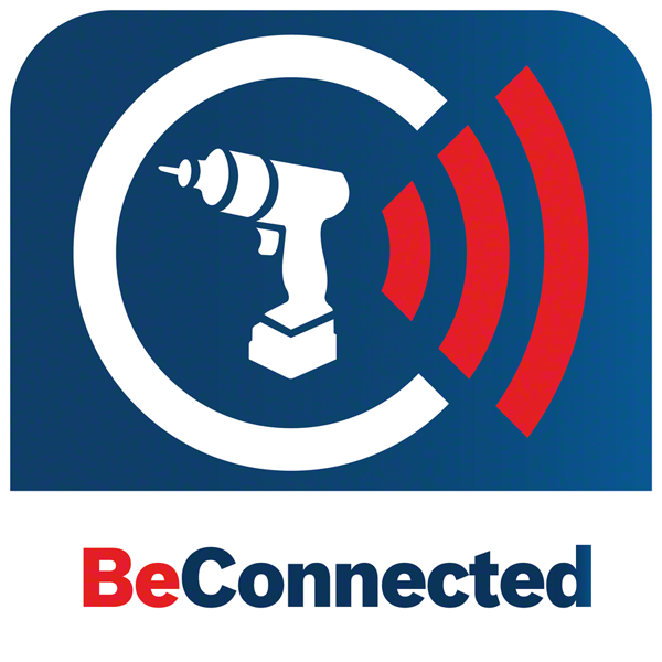 Kék-fehér BeConnected logó. Fúrót és piros jelhullámokat ábrázol kék háttér előtt.