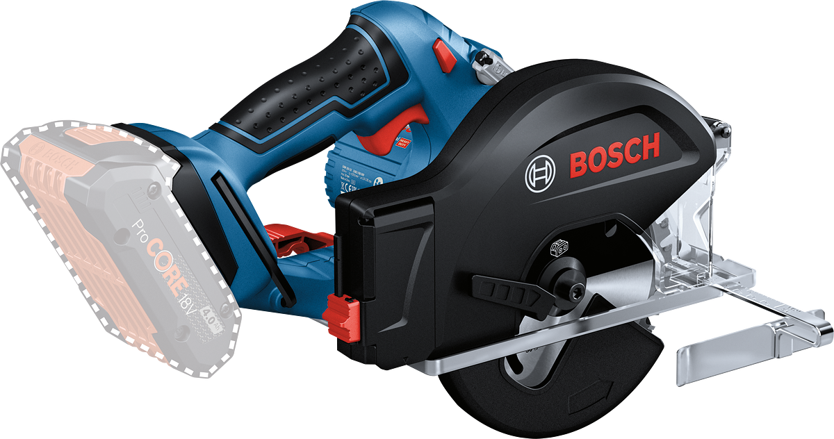 Kék-fekete körfűrész, akkumulátorral. A Bosch logó látható.