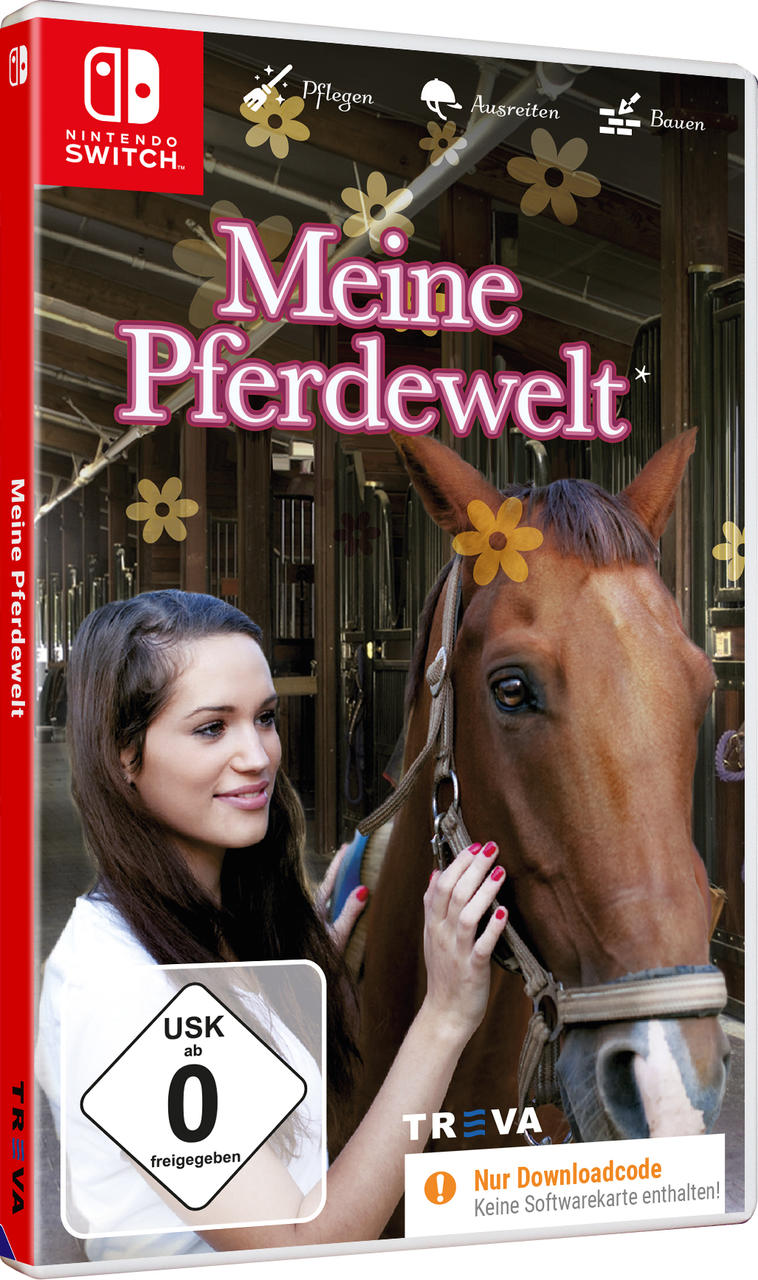 Eine Spielbox mit einer Frau und einem Pferd darauf, in einem Stall.