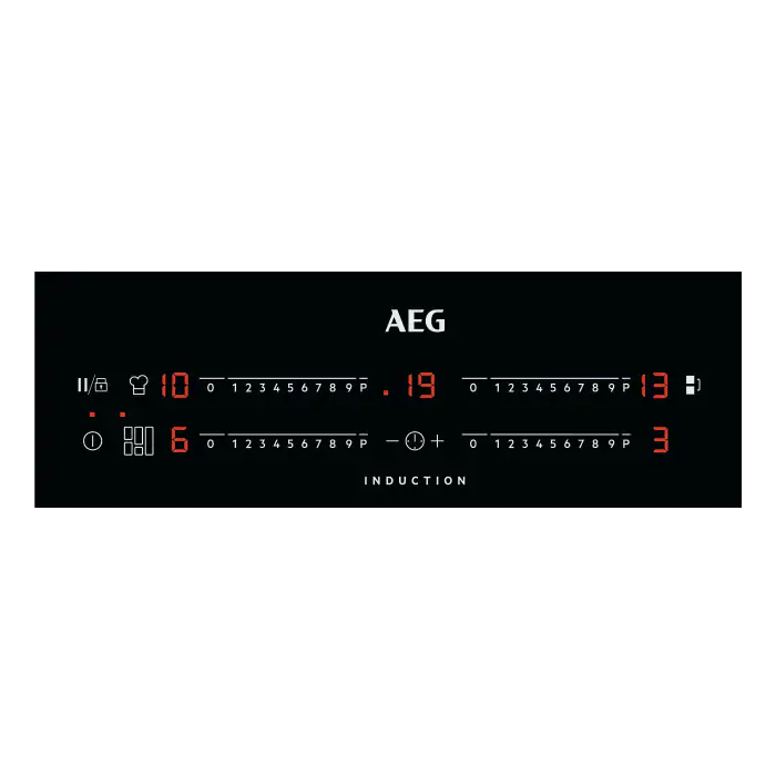 Panel de control de placa de inducción negra con números y símbolos rojos iluminados.