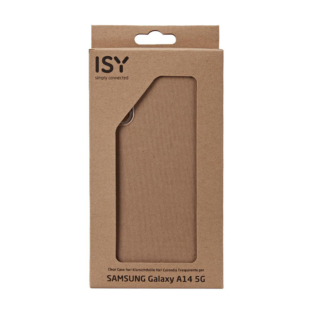Eine braune Box mit ISY-Logo, die eine Handyhülle für Samsung Galaxy A14 5G zeigt.