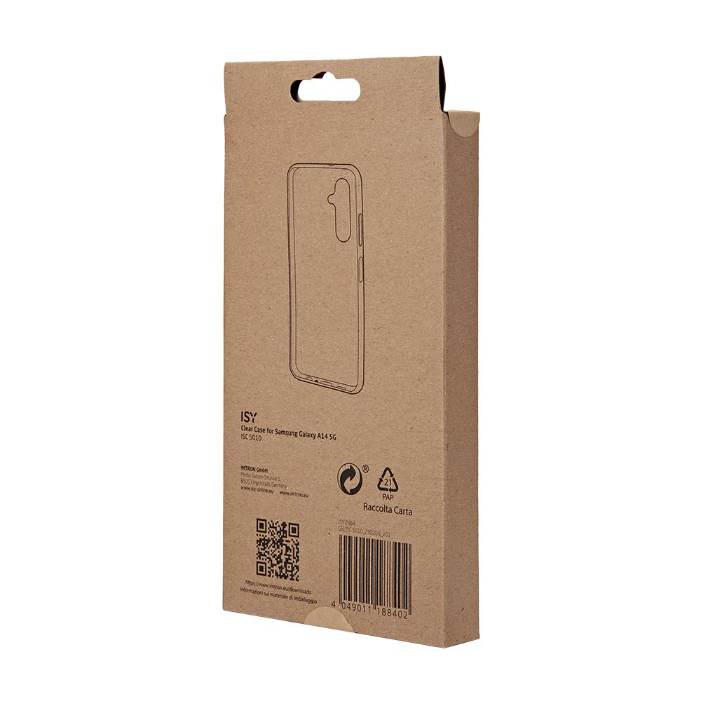 Kartonverpackung für eine Handyhülle. Sie hat eine klare Hüllen-Umriss, Text und einen QR-Code.