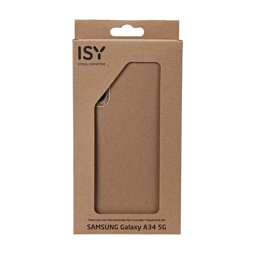 Karton-Handyhüllenverpackung, transparentes Fenster, transparente Hülle sichtbar, Marke ISY, Galaxy A34.