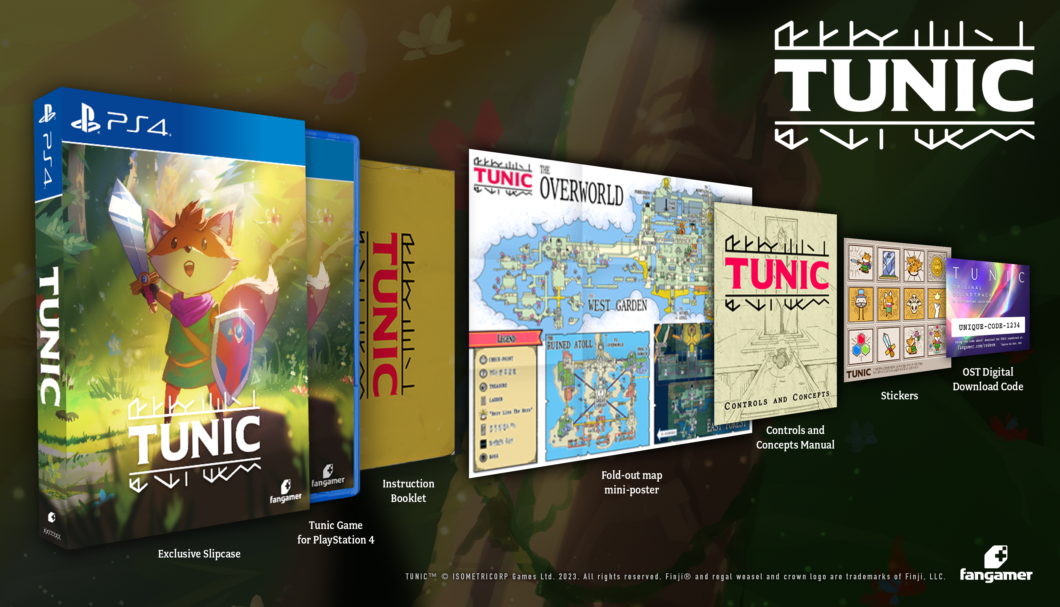 Caja y contenido del juego Tunic PS4. Incluye juego, folleto, mapa y pegatinas.