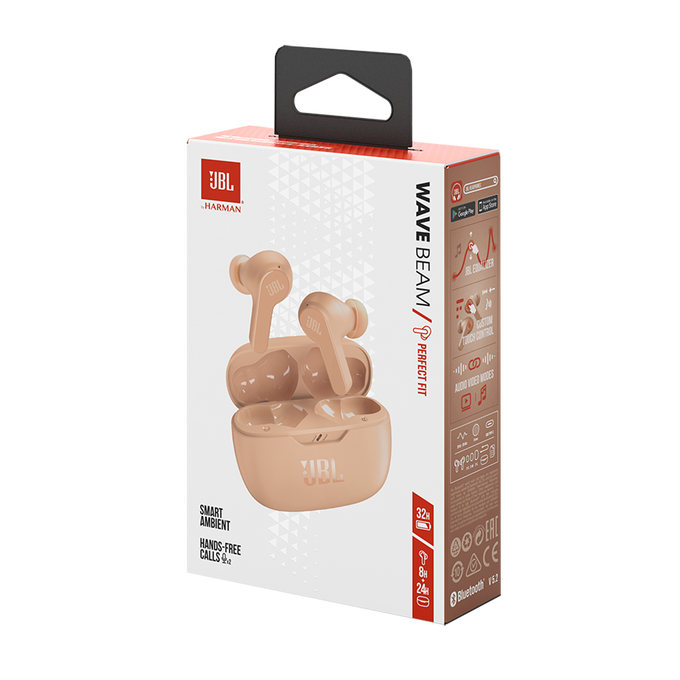 Caja de auriculares JBL Wave Beam en beige con colgador negro. Información del producto y auriculares visibles.