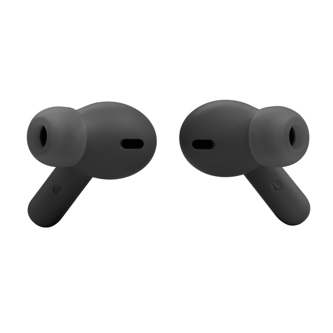 Dos auriculares inalámbricos grises sobre un fondo negro. Las letras 'R' y 'L' son visibles.