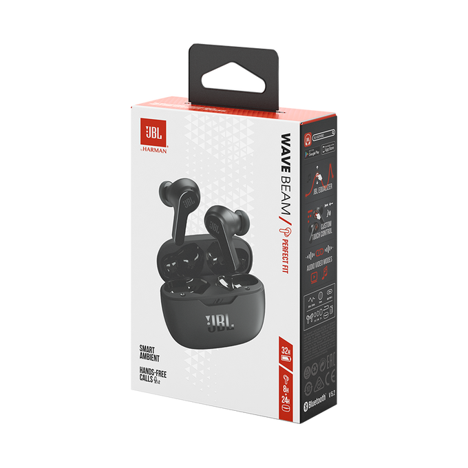 Auriculares JBL Wave Beam negros en una caja. La caja es blanca y negra, con texto y gráficos.