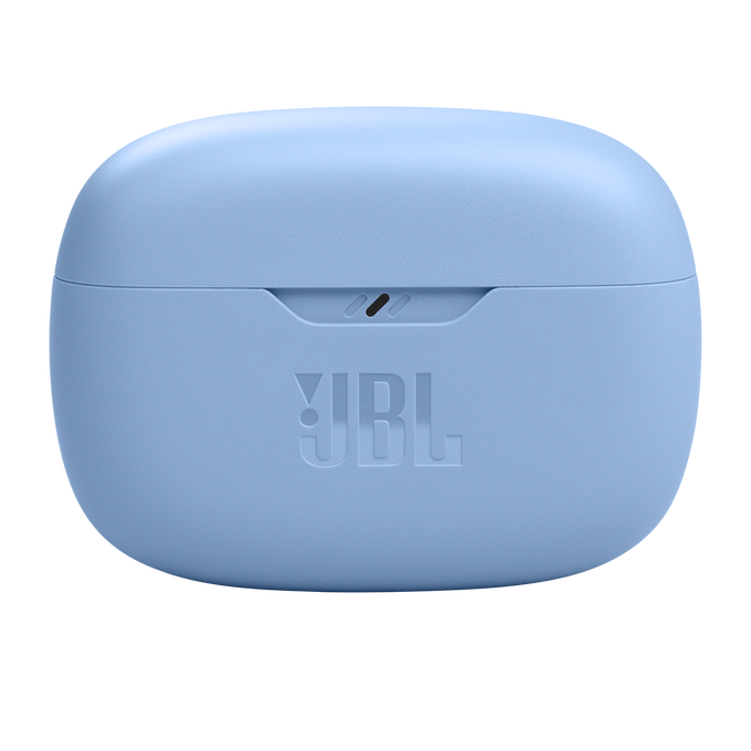 Un estuche de auriculares azul claro con el logotipo de JBL.