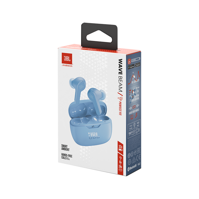 Auriculares JBL Wave Beam azules, estuche de carga y caja con características.