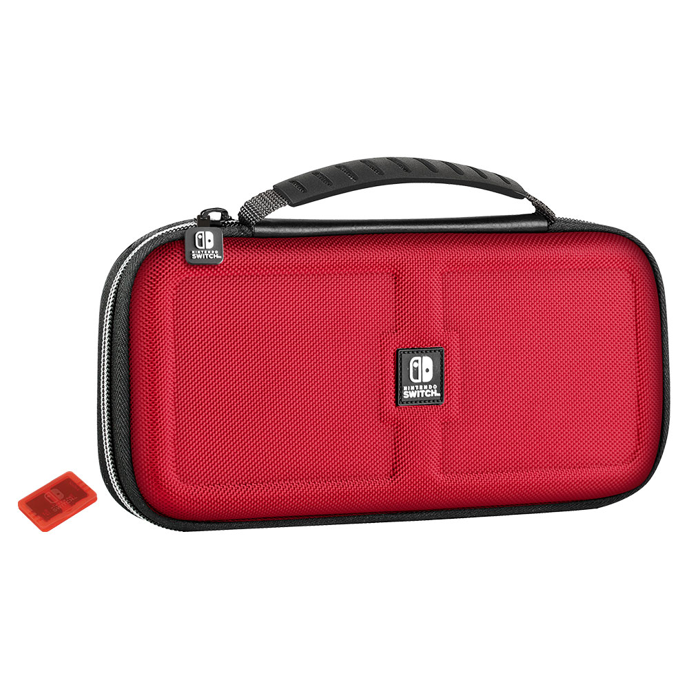 Funda roja para Nintendo Switch, cremallera negra, tarjeta de juego roja pequeña. Fondo blanco.