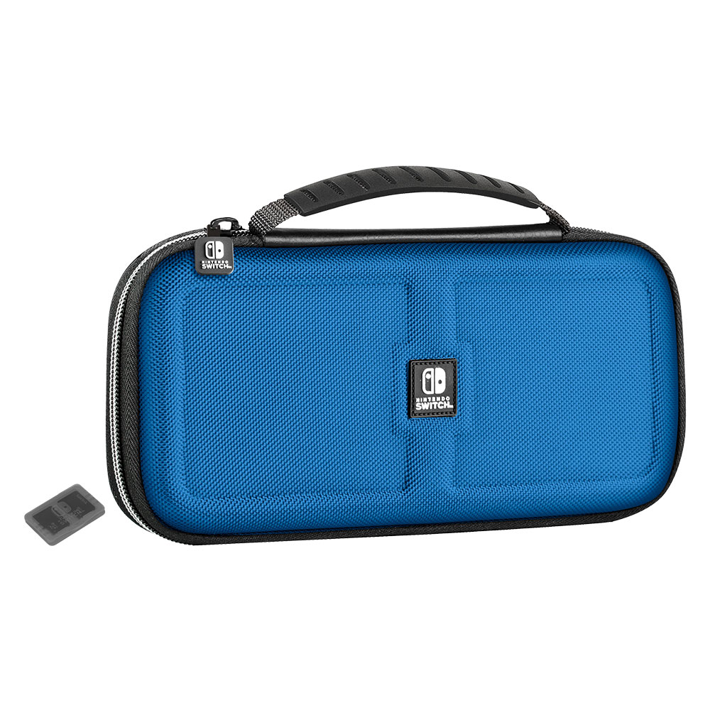 Estuche azul de Nintendo Switch con asa negra y cartucho de juego.
